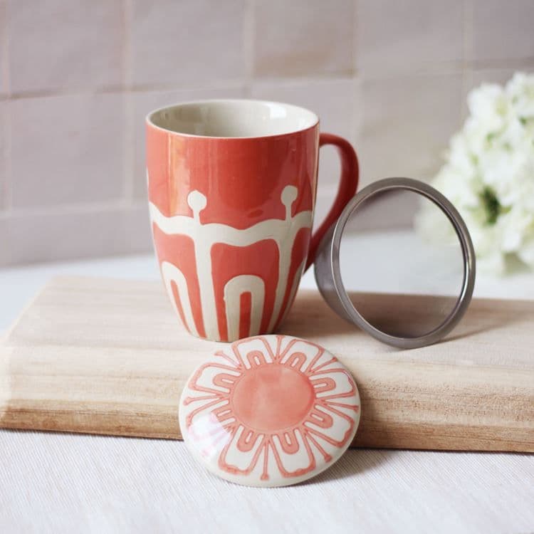 Teebecher mit Sieb & Deckel „Sunrise Koralle“